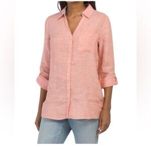 Sigrid Olsen Coral Button-Down Shirt Long Sleeve Linen Tunic